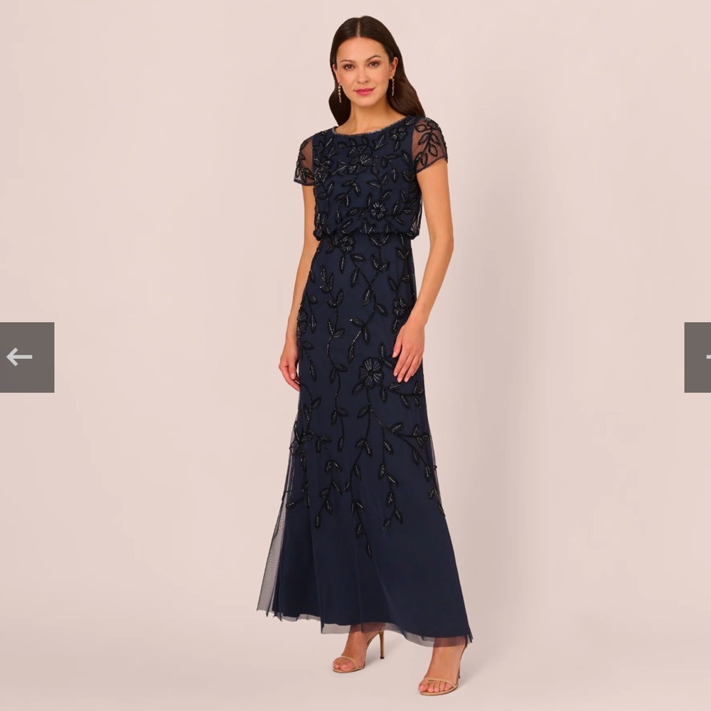 Adrianna Papell Jasmine beaded blouson gown sheer short sleeves